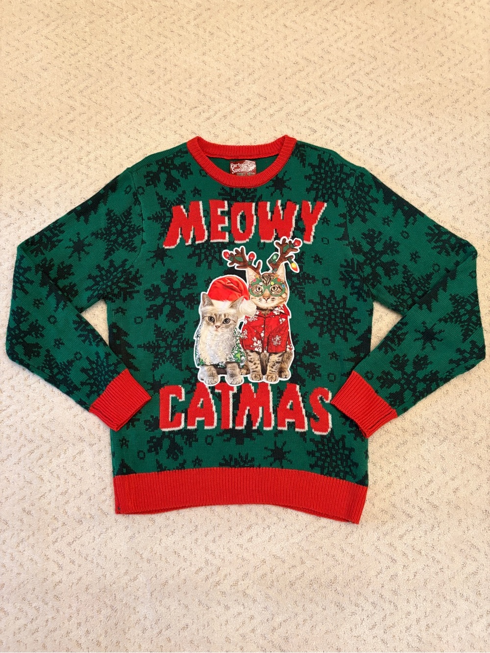 Ugly Christmas Sweater Meowy Catmas Size M Green Red Festive Holiday Kitty